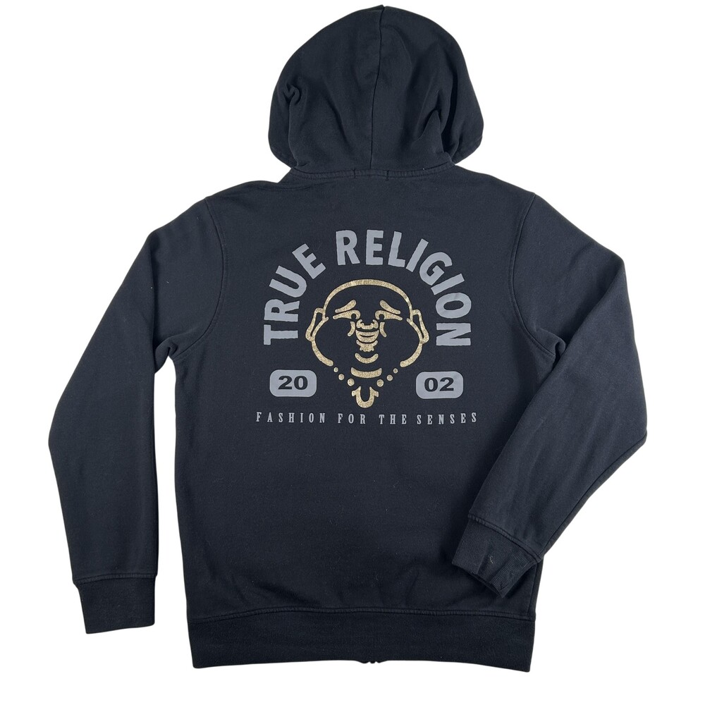 True Religion Hoodie Mens Medium Black Full Zip Buddha Foil Fleece Sweatshirt